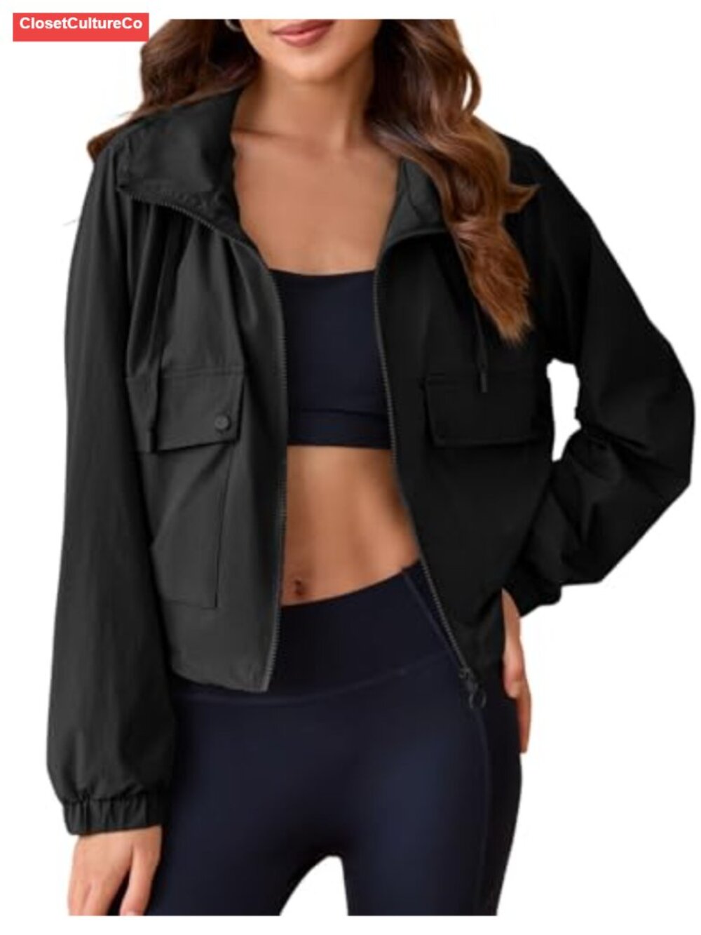 Women's Cropped Military Utility Jacket Long Sleeve Hooded Anorak Zip Pockets